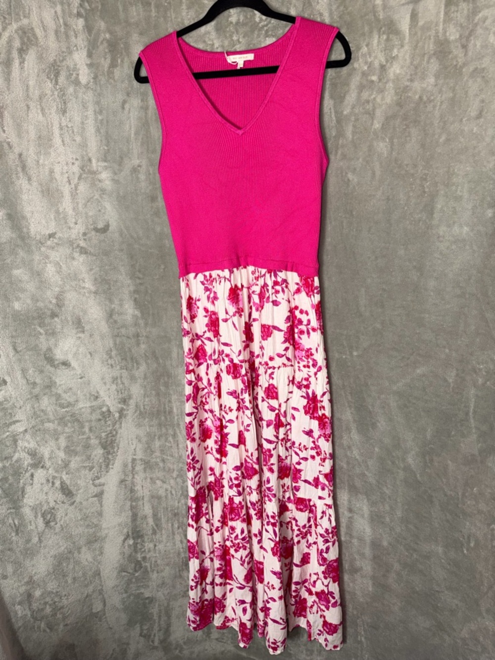 Skies Are Blue Pink Floral Dress Lg Sleeveless Mixed Media Knit Top Flowy Skirt - Picture 2 of 4
